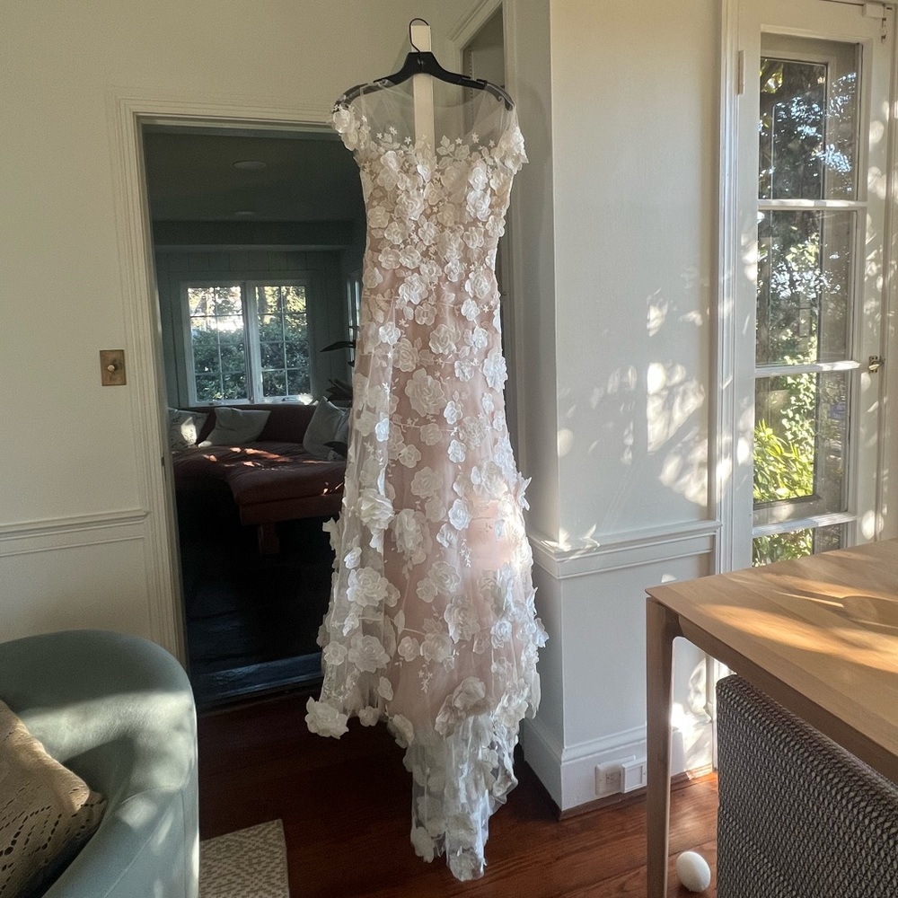 Mira Zwillinger wedding gown Floral Appliqué Illusion Off-Shoulder Gown